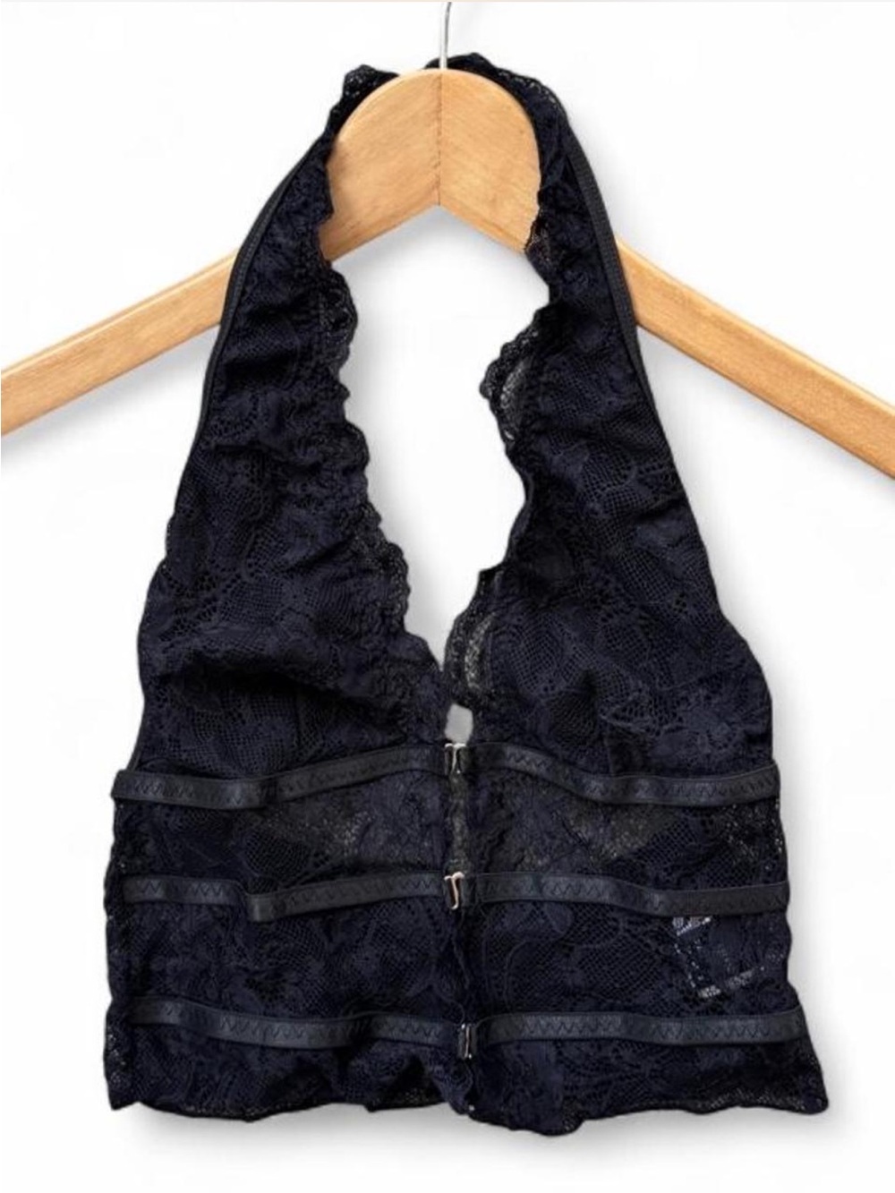 Black Lace Halter Bralette Crop Top with Front Hook Detail XS